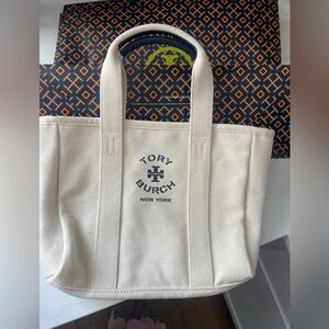Tory Burch Beige Canvas Tote with Patterned Interior